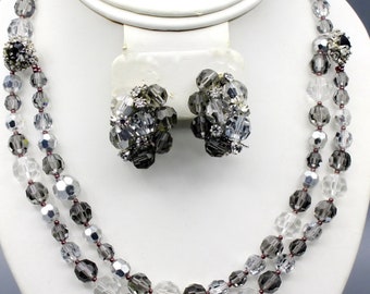 Judith McCann Shuvon Necklace Parure Set, Wingback Earrings, Smoke &  Vitrail AB Crystal,  1958 Vintage