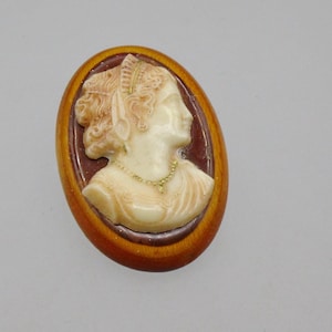 Cameo, Celluloid on Wood Brooch, Vintage 1950s Jewelry