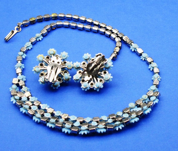 Leru Floral Rhinestone Necklace Parure Blue, 1950… - image 8