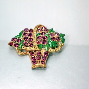 Rhinestone Basket Brooch, Purple Flower Pin, Gilt Metal, Enamel, Vintage 1930