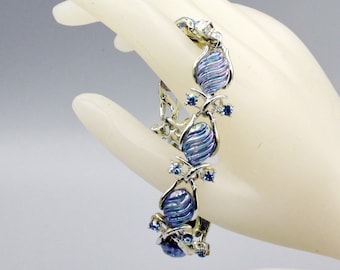 CORO Melon Art Glass Bracelet with Blue Rhinestones. Signed. 1950s Vintage Costume Jewelry.