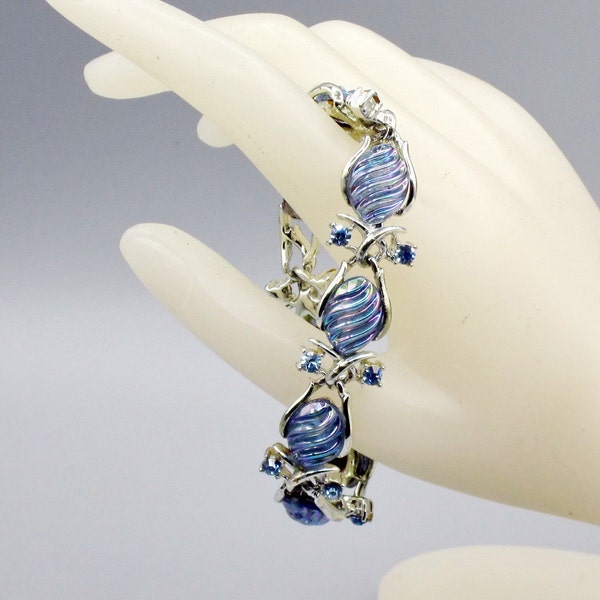 CORO Melon Art Glass Bracelet with Blue Rhinestones. Signed. 1950s Vintage Costume Jewelry.