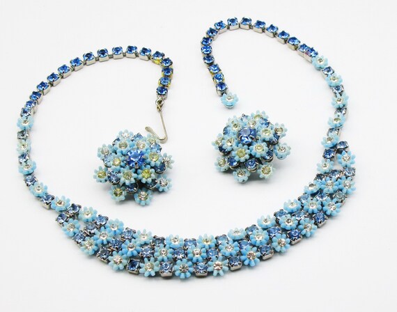 Leru Floral Rhinestone Necklace Parure Blue, 1950… - image 4