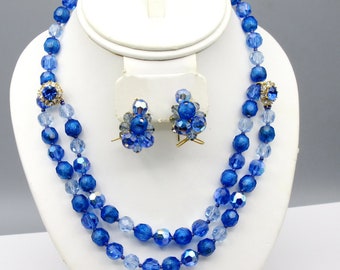 Judith McCann Shuvon Necklace Parure Set, Wingback Earrings, Blue Foiled Glass & AB Crystal,   1958 Vintage