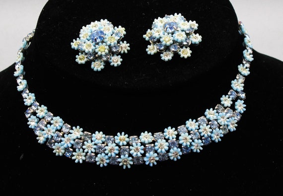 Leru Floral Rhinestone Necklace Parure Blue, 1950… - image 2
