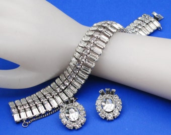 Baguette Rhinestone Bracelet, Three Row, Earrings, Vintage 60s Jewelry, Prom, Wedding Jewelry