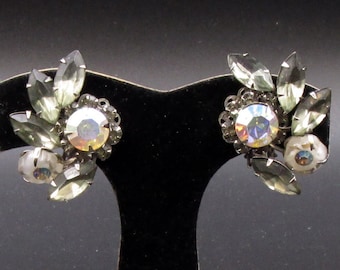 Beau Jewels Givre Glass, Black Diamond Rhinestone Clip Earrings, Vintage 60s Jewelry