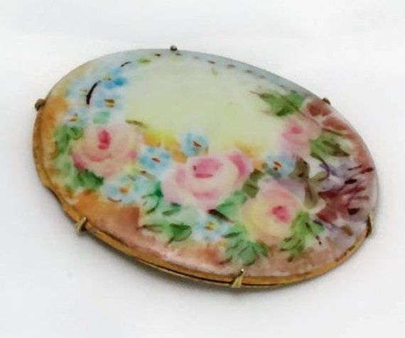 Victorian Porcelain Brooch,  Hand Painted Flowers… - image 2