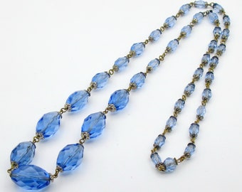 Necklace, Faceted Melon Glass Beads, Blue , Graduated, Czech Glass, Vintage 20-30s Art Deco Jewelry