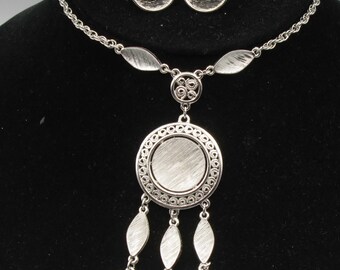 Vintage 1960s Brushed Silver Tassel Pendant Necklace & Clip Earrings Demi Parure