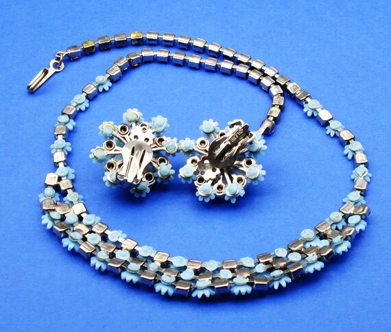 Leru Floral Rhinestone Necklace Parure Blue, 1950… - image 7