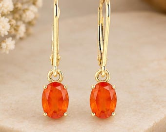 14K Gold Filled Carnelian Drop Earrings, Minimalist Leverback Orange Gemstone Jewelry gift for Her
