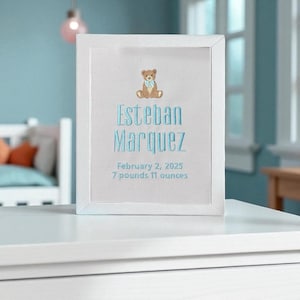 Personalized Baby Boy Birth Announcement – Embroidered Teddy Bear Name Art – Custom Date & Weight – Nursery Wall Decor