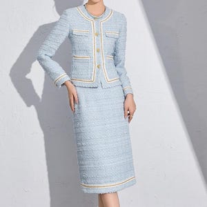 Blue Tweed Skirt and Suit Set: Custom Made Elegant Classic Two Pieces Set, Custom from Petite to Plus, Elegant Formal Wool Skirt and Jacket