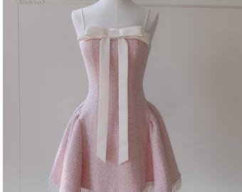 Pink Tweed Prom Party Dress, Fit & Flare Tweed Dress, Elegant Graduation Dress, Petite Size to Plus Size Dress, Cocktail Party Dress