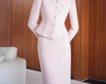 Pink Tweed Skirt and Suit Set: Custom Made Elegant Classic Two Pieces Skirt Set, Women Suit Petite to Plus, Formal Wool Skirt and Jacket