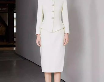 Beige Tweed Skirt and Suit Set: Custom Made Elegant White Classic Two Pieces Set, Women Suit Petite to Plus, Formal Wool Skirt and Jacket
