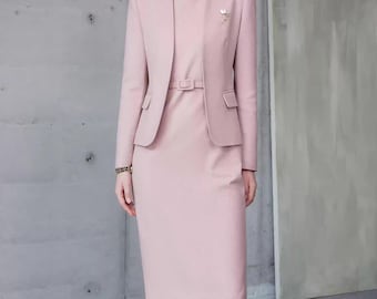 Pink Dress and Suit Set: Custom Made Elegant Classic Two Pieces Set, Women's Suit Size Petite to Plus, Chic Elegant Formal Dress and Jacket