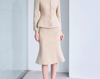 Beige Tweed Skirt and Suit Set: Custom Made Elegant Classic Two Pieces Set, Custom from Petite to Plus, Elegant Formal Wool Skirt and Jacket