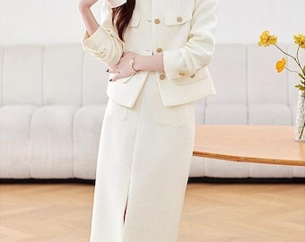 White Tweed Skirt and Suit Set: Custom Made Beige Elegant Classic Two Pieces Set, Women Suit Petite to Plus, Formal Wool Skirt and Jacket