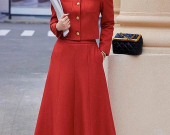 Red Skirt and Suit Set: Custom Made Elegant Classic Two Pieces Set, Women's Suit Size Petite to Plus, Chic Elegant Formal Skirt and Jacket