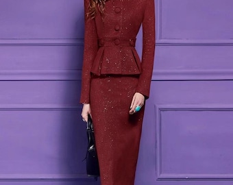 Red Shimmer Tweed Skirt & Suit Set: Custom Made Classic Two Pieces Set, Women's Suit Size From Petite to Plus, Formal Skirt and Jacket Set