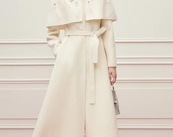 Beige Long Wool Trench Coat: Custom Made White Merino Wool Winter Coat, Detachable shawl cape, Sizes Petite to Plus, Women Long Suit Coat