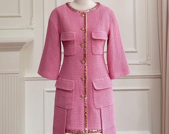 Custom Made Pink Tweed Middle Length Coat: Tailored Wool Business Casual Rose Red Tweed Coat, Custom Size Petite to Plus, Formal Long Coat