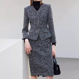 Grey Tweed Skirt and Suit Set: Custom Made Elegant Classic Two Pieces Skirt Set, Women Suit Petite to Plus, Formal Wool Skirt and Jacket