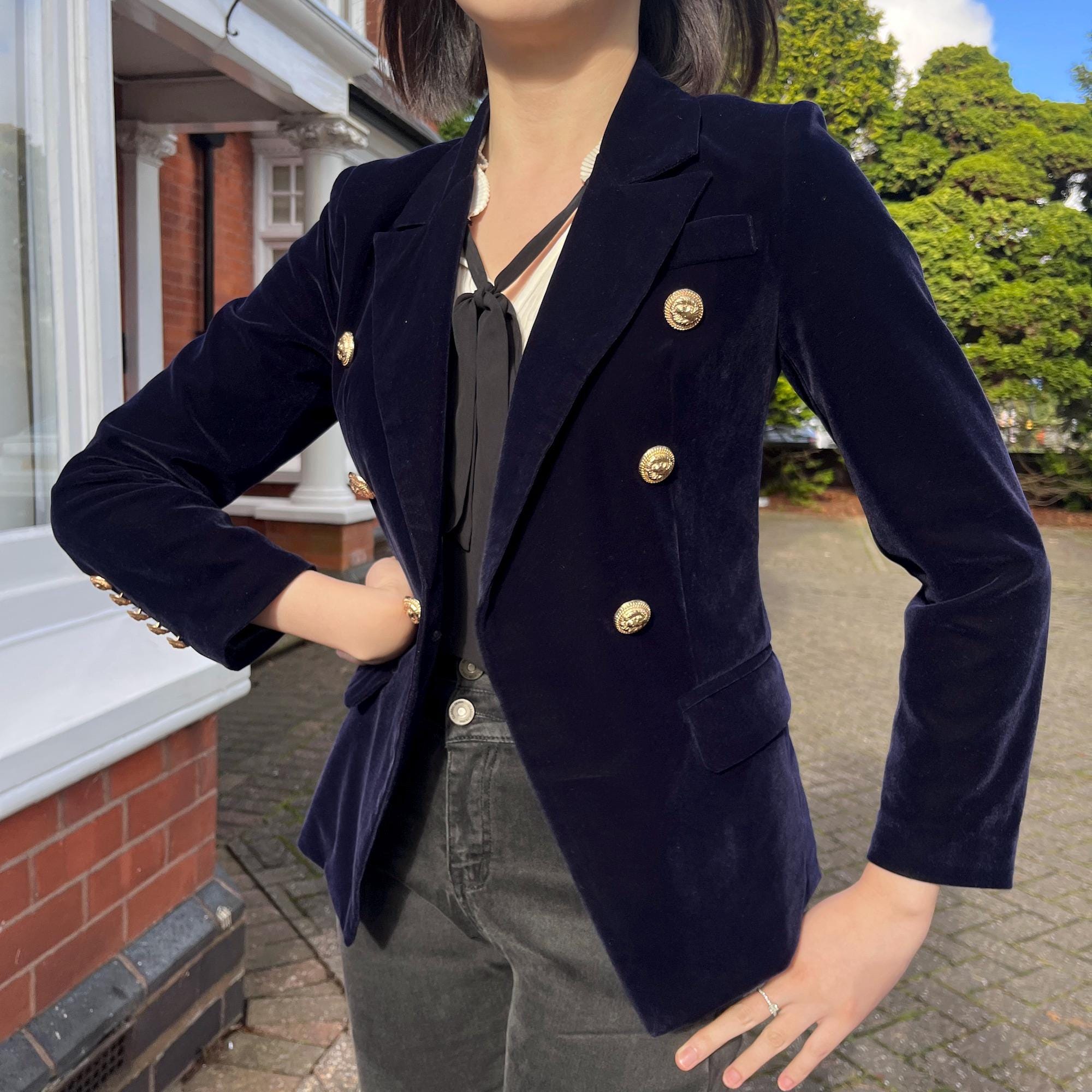 Bespoke Custom / Ready Made Women Navy Velvet Blazer Jacket Gold