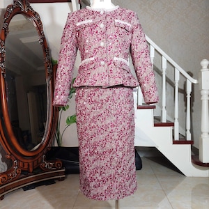 Custom tailor Women&#39;s Tweed Suit Pink Sequins Tweed Jacket and Skirt Set wedding guest formal office evening business suit Plus size petite