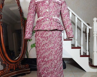 Custom tailor Women's Tweed Suit Pink Sequins Tweed Jacket and Skirt Set wedding guest formal office evening business suit Plus size petite