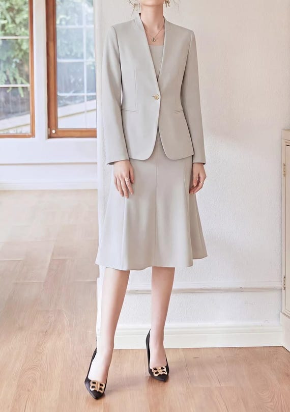 light jacket for formal dress Grey and Suit Set: Custom Made Elegant Classic Two Pieces Set, Women's Blazer Petite to Plus, Elegant Dress and jackets to wear with dresses