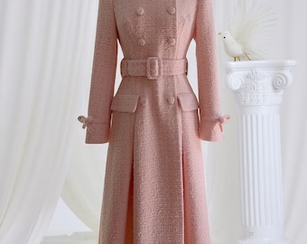 Custom Made Wool Long Trench Coat: Pink Tailored Elegant Business Casual Tweed Coat, Custom Size from Petite to Plus, Chic Formal Event Wear