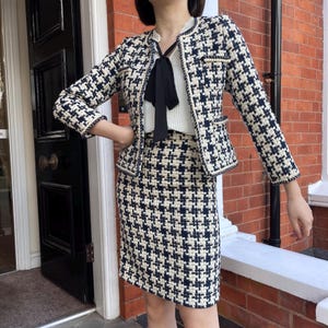 Custom tailor Women&#39;s Tweed Suit Blue Luxury Jacket and Skirt Set wedding guest, formal office evening business lady suit Plus size petite