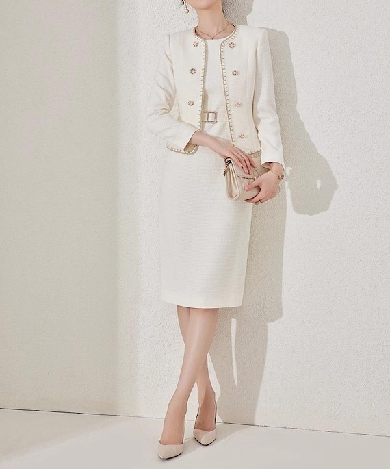 slim fit dress slacks Ivory Metallic Gold Tweed Yates Dress