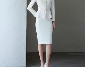 White Skirt and Suit Set: Custom Made Elegant Classic Two Pieces Set, Custom Made from Petite to Plus, Chic Elegant Formal Skirt and Jacket