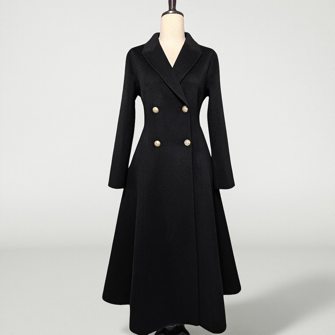 Black Wool Long Trench Coat: Custom Made Black Merino Wool Warm