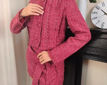 Rose Red Tweed Skirt and Suit Set: Custom Made Elegant Classic Two Pieces Set, Custom Petite to Plus, Elegant Formal Wool Skirt and Jacket