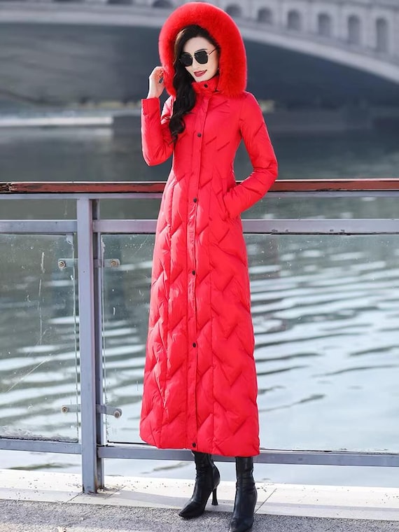 black fur collar red down jacket with fur hood