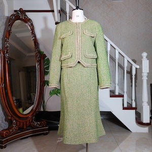 Custom tailor / ready made Women&#39;s Green Tweed Suit Jacket and fish tail Skirt Set - wedding guest wear, Plus size petite