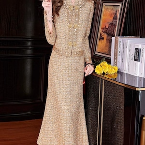 2 piece gold dress Gold Metallic Two-piece White High Split Prom Dress