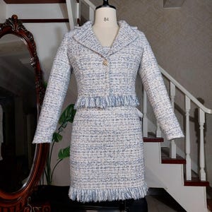Bespoke Custom pastel Light blue fringe Tassel cropped tweed jacket skirt suit with pearl button Plus Size Petite - Wedding Guest suit