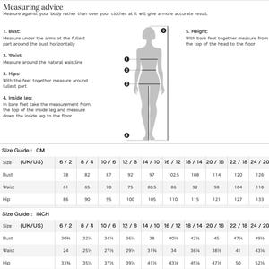 May include: A diagram illustrating how to measure bust, waist, hips, inside leg, and height. Includes a size guide in centimeters and inches, with UK/US sizes ranging from 6/2 to 24/20. The text provides measuring advice for accurate results.