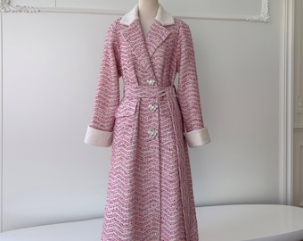Custom Made Rose Red Pink Tweed Long Trench Coat: Tailored Pink Wool Business Casual Long Coat, Custom Size from Petite to Plus, Formal Coat