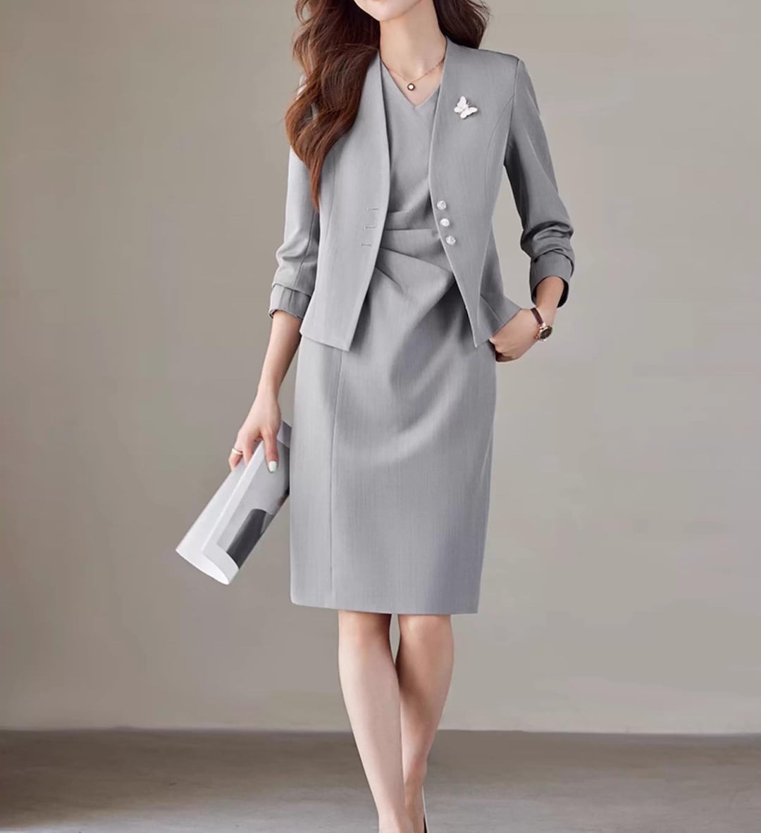 Grey Dress and Suit Set: Custom Made Elegant Classic Two Pieces Skirt Set, Women's Suit Sizes Petite to Plus, Formal Wool Dress and Jacket Grey Dress and Suit Set: Custom Made Elegant Classic Two Pieces Skirt Set, Women's Suit Sizes Petite to Plus, Formal Wool Dress and Jacket