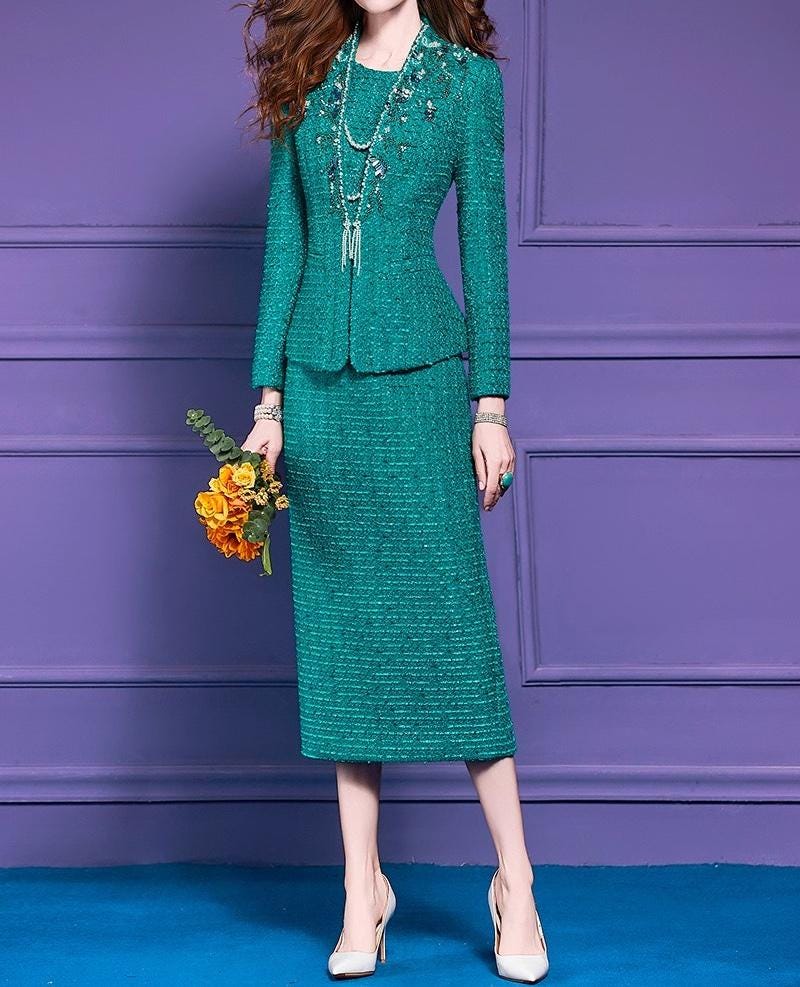 Green Tweed Dress & Suit Set: Custom Made Classic Two Pieces, Sizes From  Petite to Plus, Long Formal Dress and Bead Embroidered Jacket - Etsy