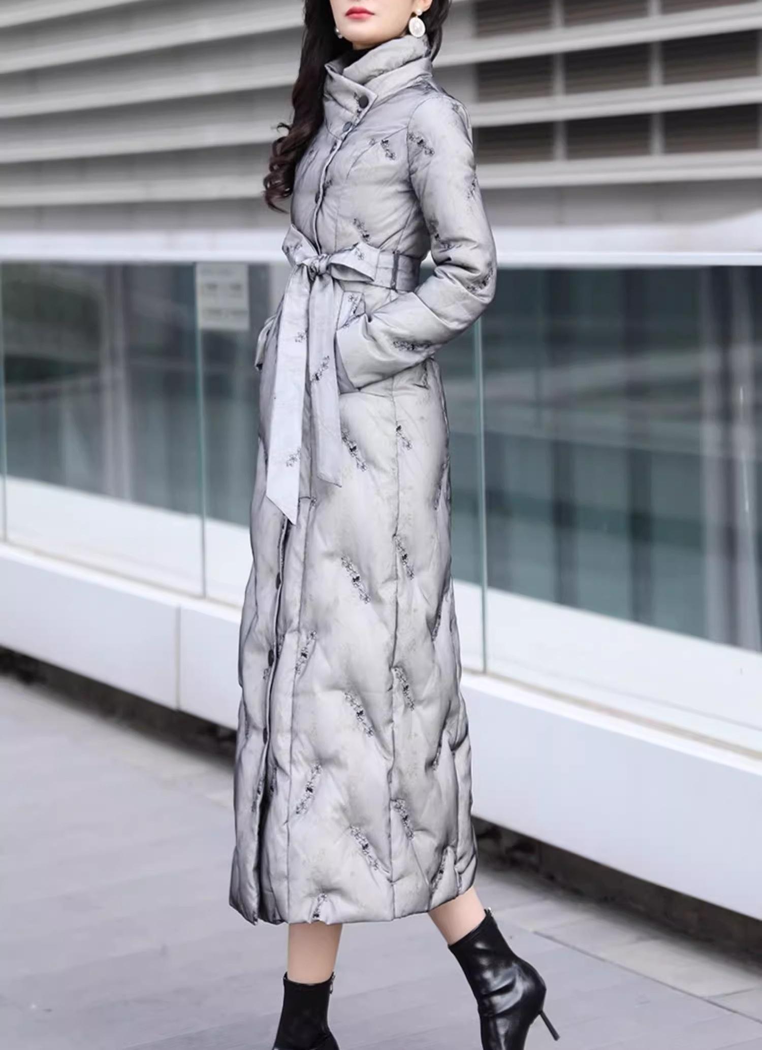 Grey Embroidered Flora Long Down Jacket, Plus Size Winter Puffer