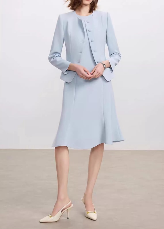 Blue Dress and Suit Set: Custom Made Elegant Classic Two Pieces Set, Women's Suit Size Petite to Plus, Chic Elegant Formal Dress and Jacket Blue Dress and Suit Set: Custom Made Elegant Classic Two Pieces Set, Women's Suit Size Petite to Plus, Chic Elegant Formal Dress and Jacket