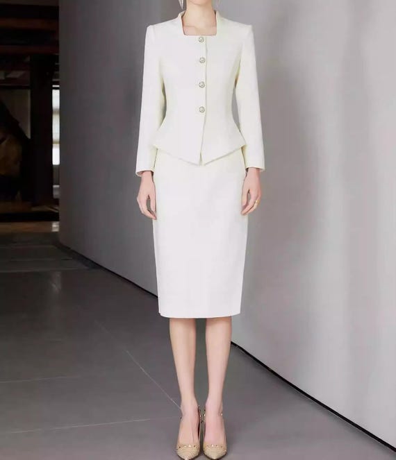 Beige Tweed Skirt and Suit Set: Custom Made Elegant White Classic Two Pieces Set, Women Suit Petite to Plus, Formal Wool Skirt and Jacket